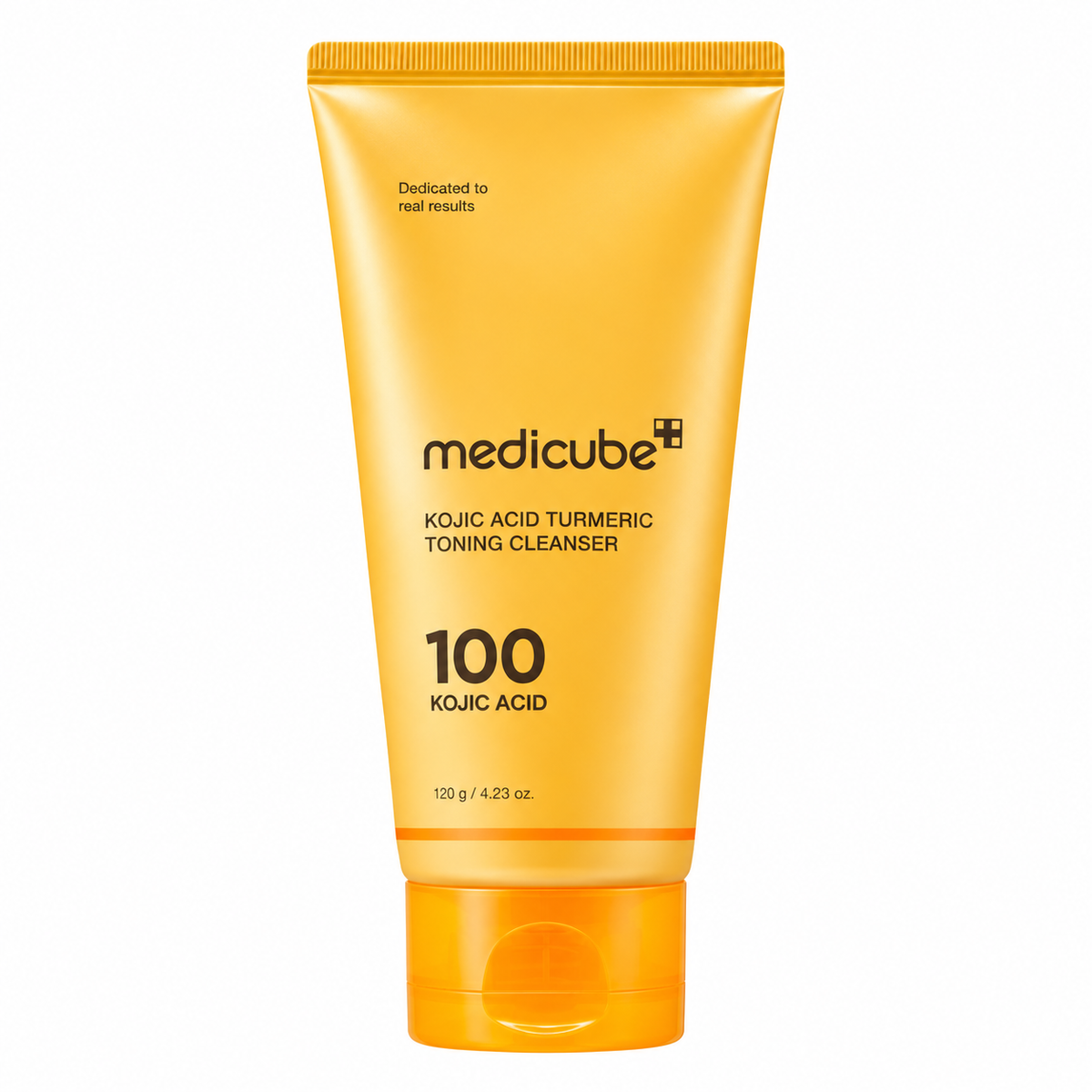 Medicube Kojic Acid Turmeric Toning Cleanser in a 100g squeeze tube, featuring a bright yellow-orange body with a matching orange flip-top cap on a plain white background.