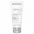 A white squeeze tube of Bioderma Pigmentbio Sensitive areas targeted brightening care cream, 75 ml, on a plain white background.