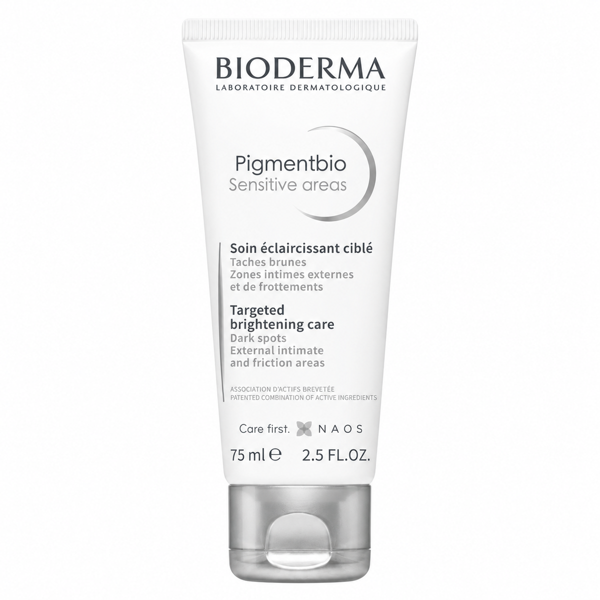 A white squeeze tube of Bioderma Pigmentbio Sensitive areas targeted brightening care cream, 75 ml, on a plain white background.