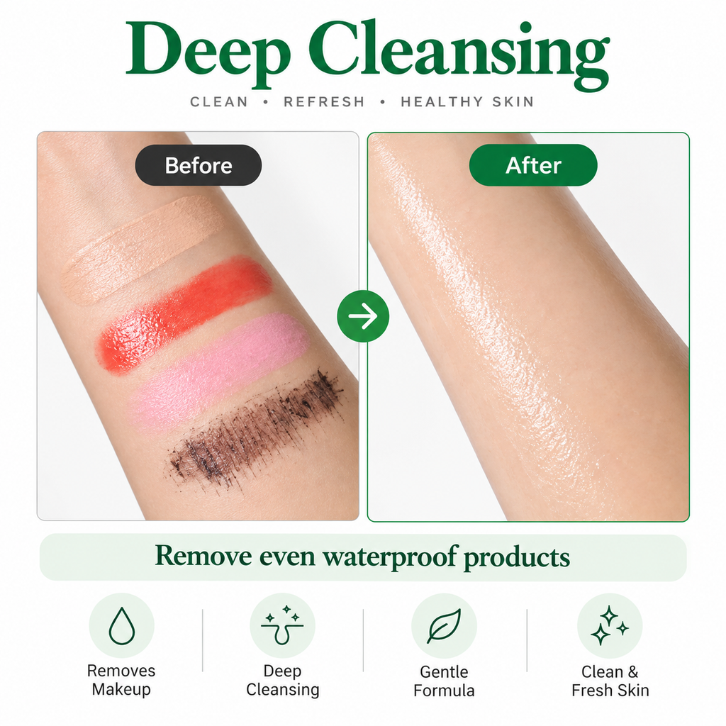Before and after comparison graphic for a deep cleansing makeup remover, showing swatches of red, pink, and black makeup on an arm before, and a clean, glowing skin surface after. Text reads 'Deep Cleansing' and 'Remove even waterproof products' with feature icons below.