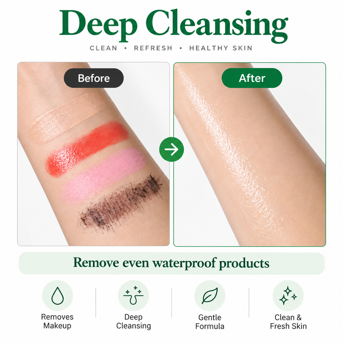 Before and after comparison graphic for a deep cleansing makeup remover, showing swatches of red, pink, and black makeup on an arm before, and a clean, glowing skin surface after. Text reads 'Deep Cleansing' and 'Remove even waterproof products' with feature icons below.