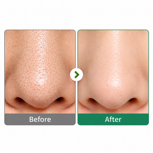 Before and after comparison of a human nose showing a reduction in visible pores, with 'Before' on a gray label and 'After' on a green label against a white background.