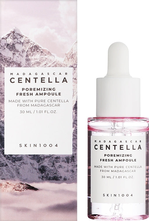 SKIN1004 Madagascar Centella Poreminizing Fresh Ampoule packaging and bottle on a light pink background