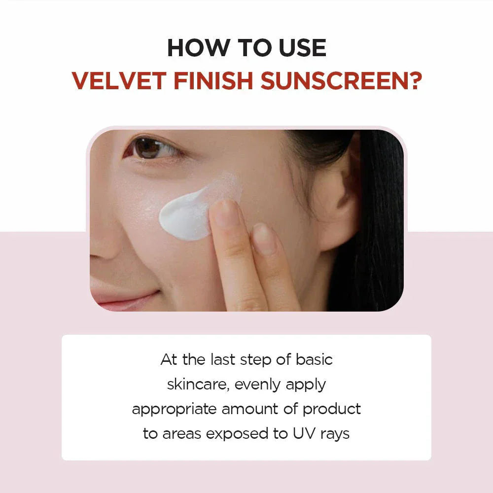 Person applying velvet finish sunscreen with text on how to use it.
